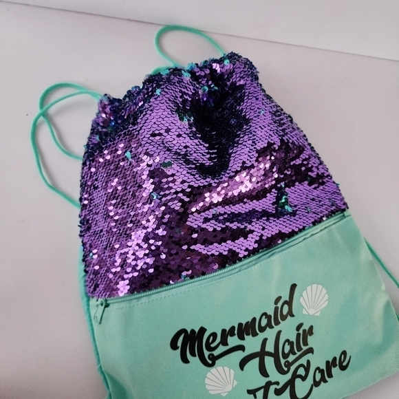 NWT Mermaid Hair Dont Care Sequins Aqua Purple Drawstring Backpack - Picture 6 of 7
